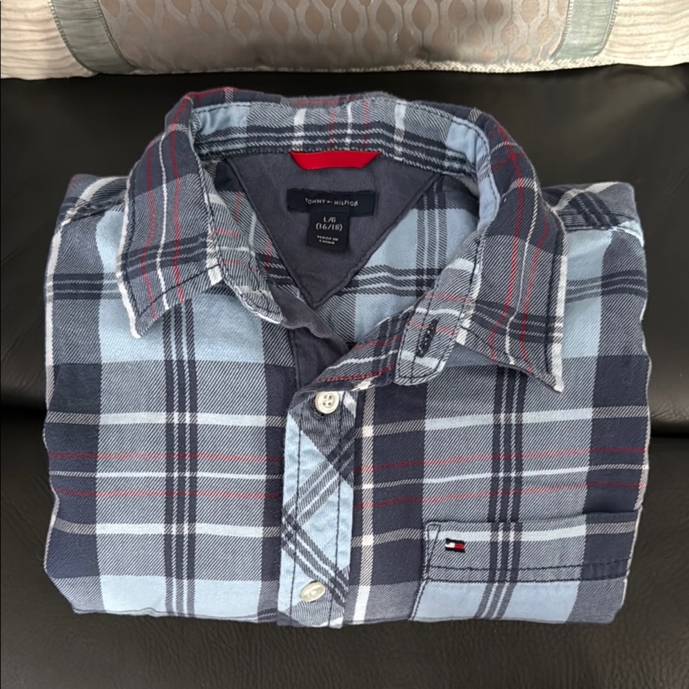Tommy Hilfiger Boys Casual Blue and Red Button Down Shirt